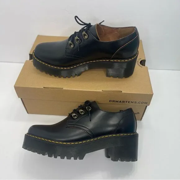 Dr. MARTENS Leona Lo Size 9 Vintage Smooth Leather Lug Sole Heeled Shoe, Black - Picture 10 of 13